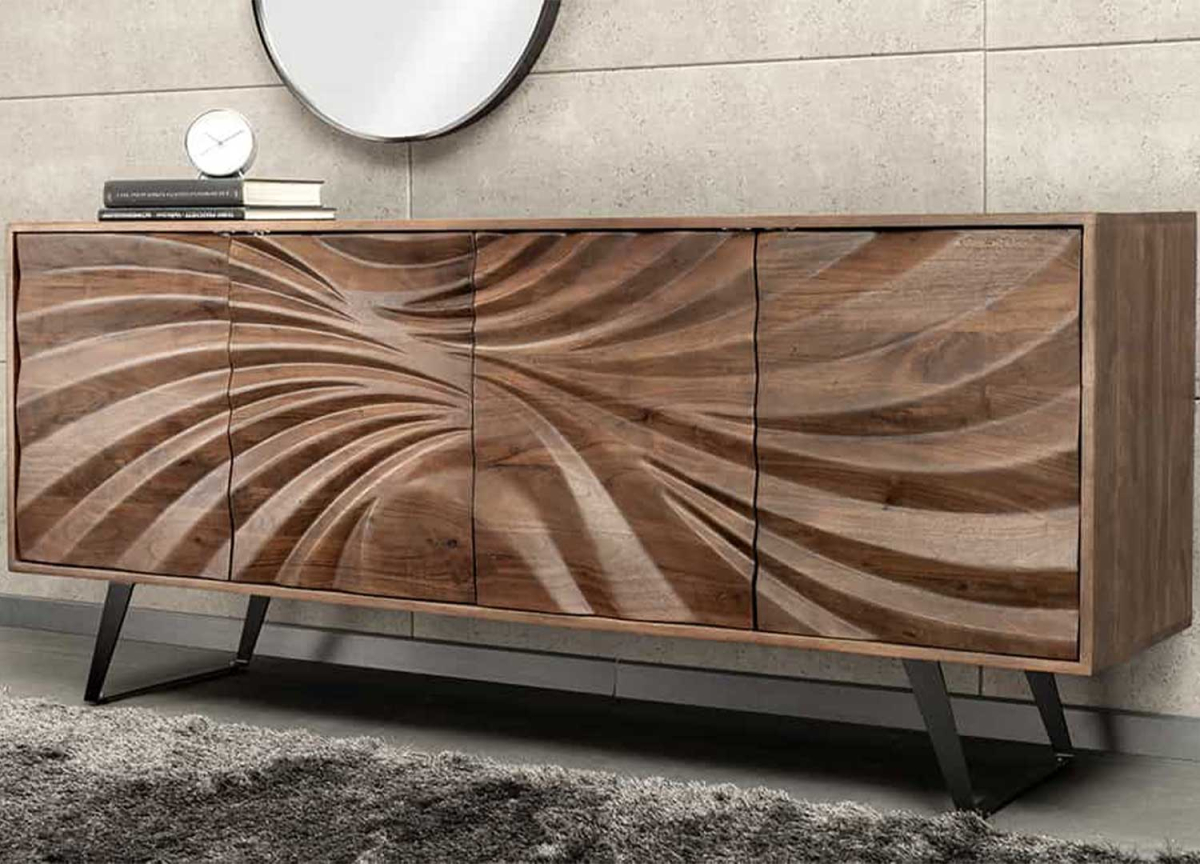 Buffet design en bois d'acacia 4 portes sculptées