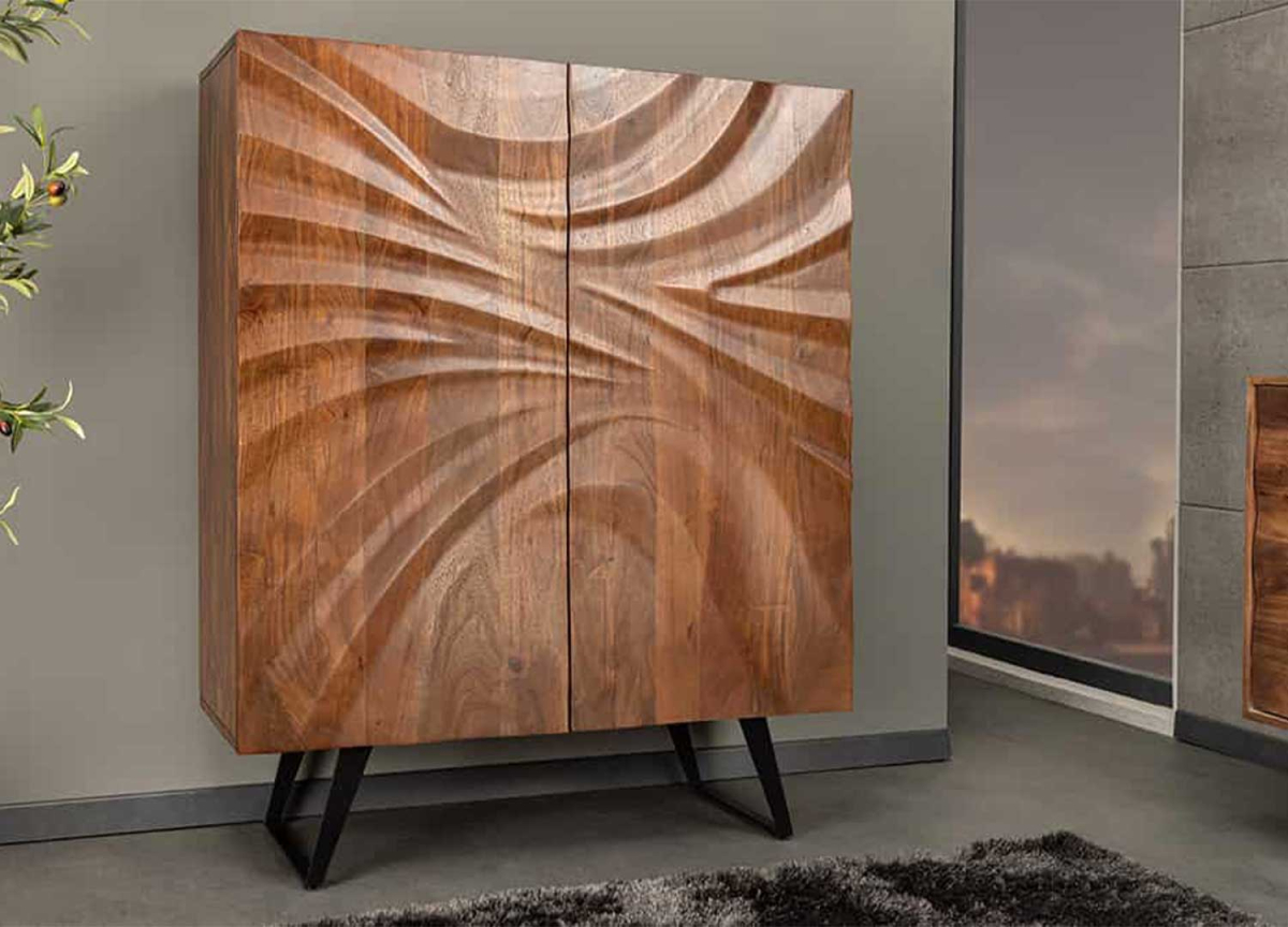 Buffet haut de salle à manger en bois massif d'acacia façade sculptée