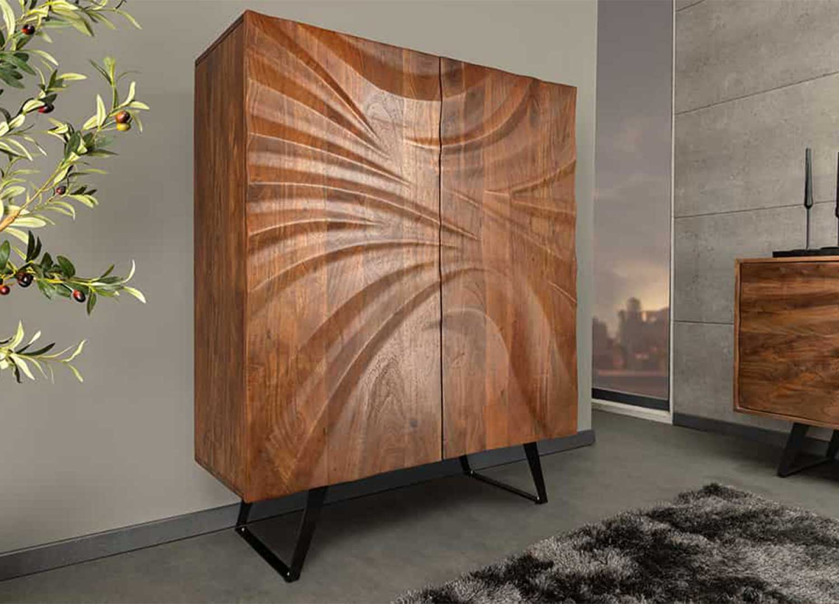Meuble buffet haut de salon design en bois massif façades sculptées