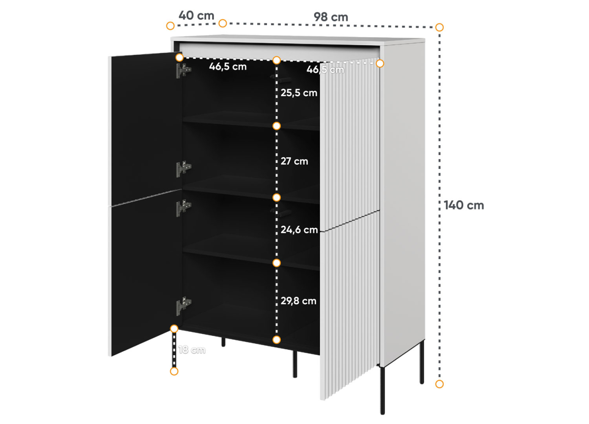 Bahut 4 portes façades striées blanc et métal noir