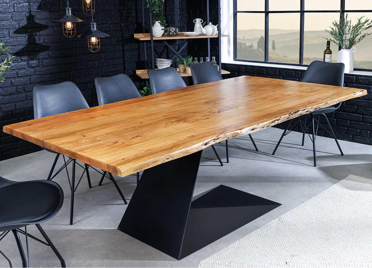 Table salle à manger rectangulaire plateau bois massif piétement métal noir