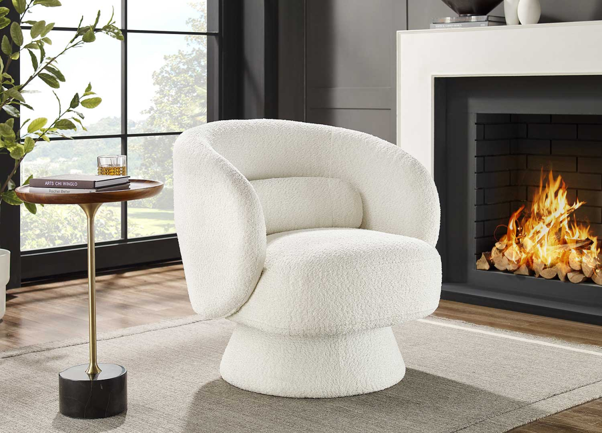 Fauteuil moderne rotatif en tissu blanc bouclé