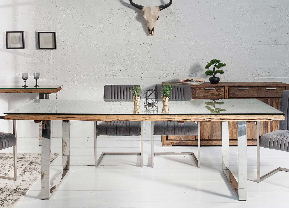 Table de repas contemporaine en teck et verre