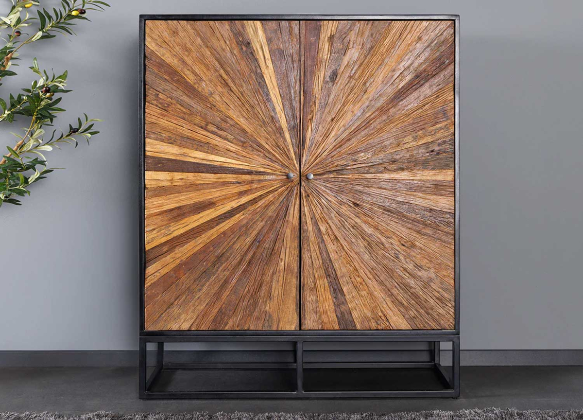 Buffet haut 2 portes structure noir et façades en teck 3D