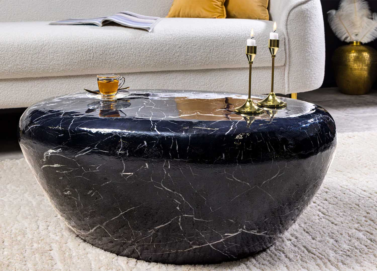 Table basse moderne forme galet aspect marbre noir