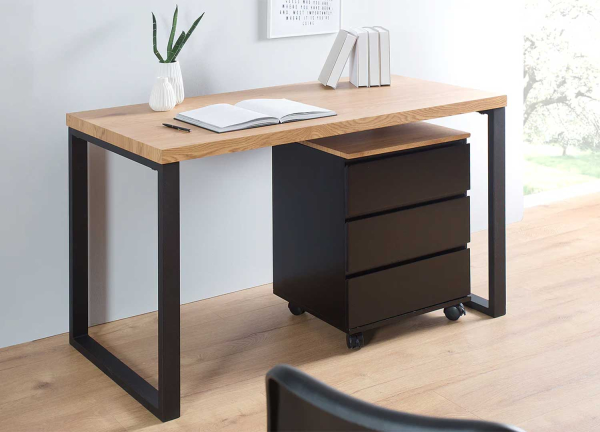 Meuble de rangement sur roulettes trois tiroirs noir et bois pour bureau