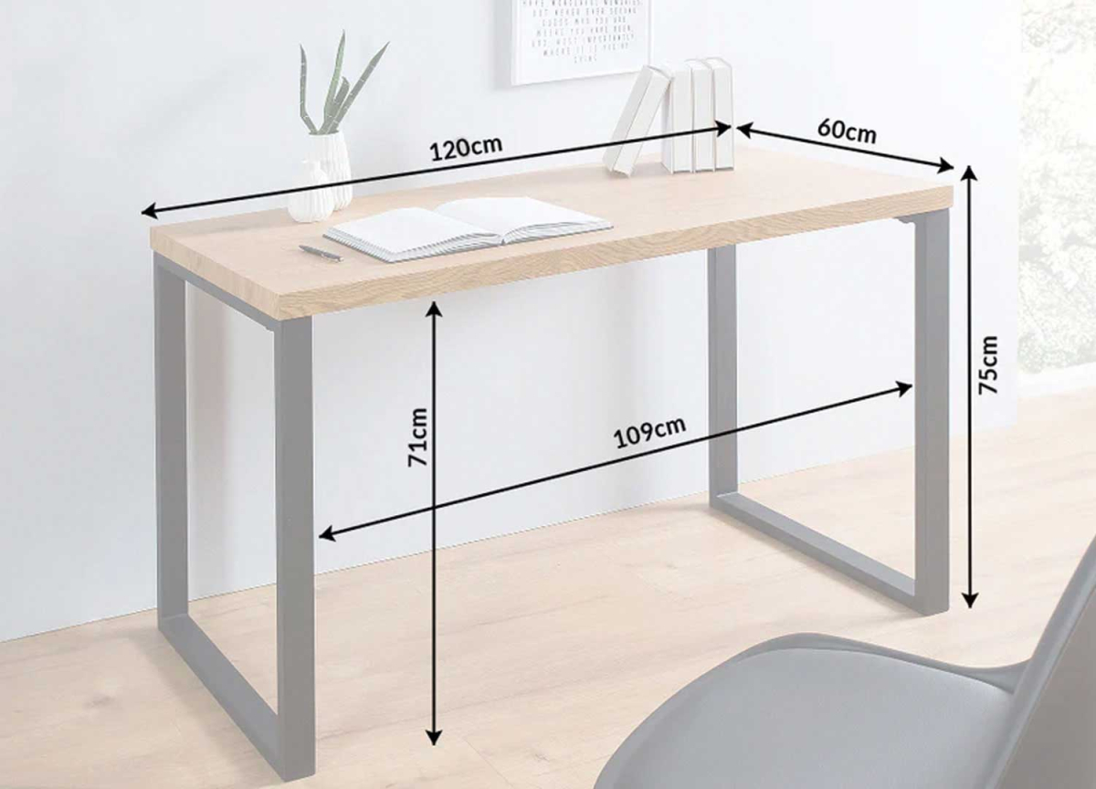 Mesures en détail du meuble bureau chêne pied noir