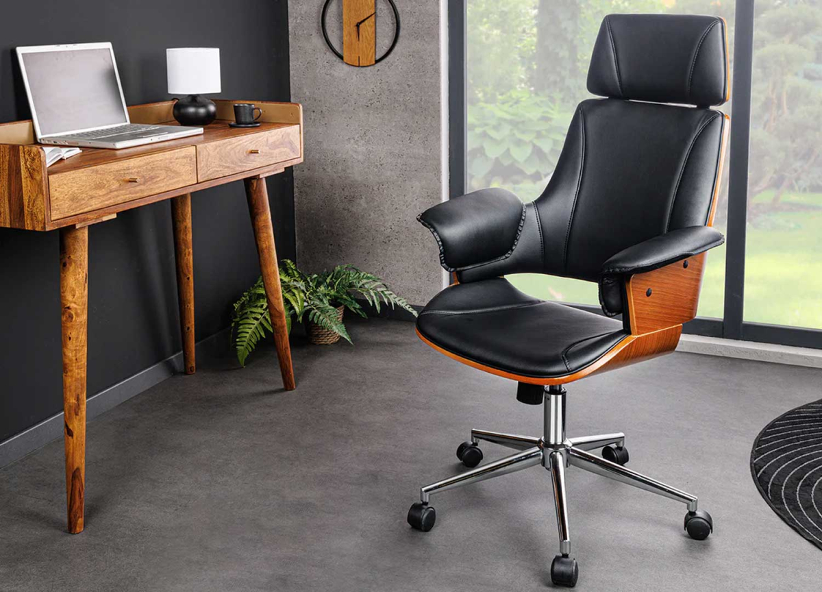 Fauteuil de bureau confortable simili cuir et bois de noyer