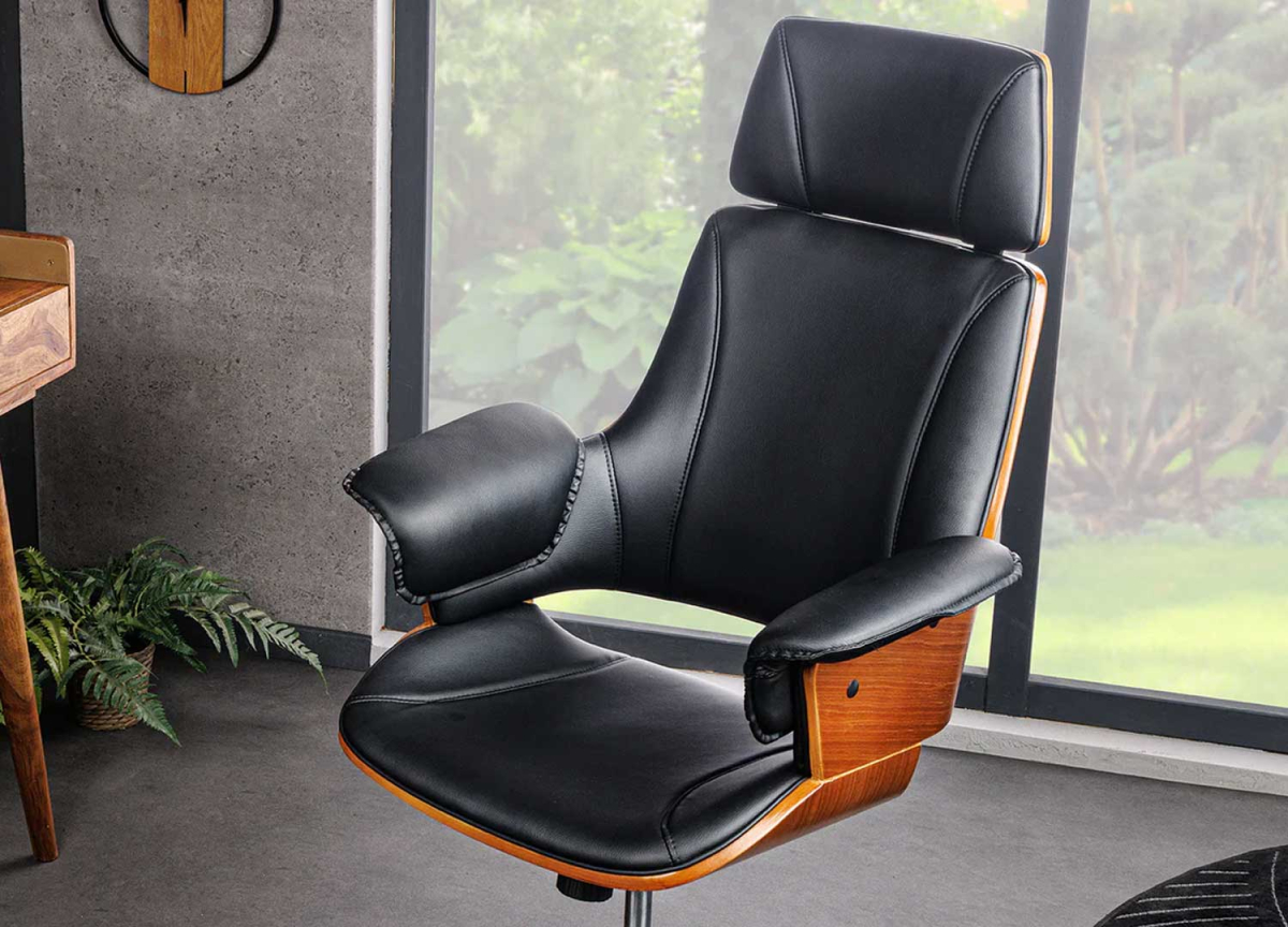 Siège de bureau design simili cuir et bois de noyer
