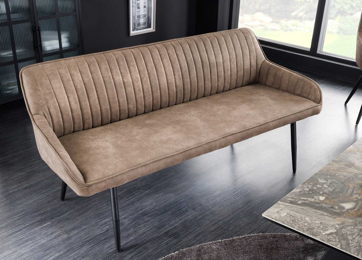 Banquette de table rembourrée en tissu taupe avec dossier et accoudoirs