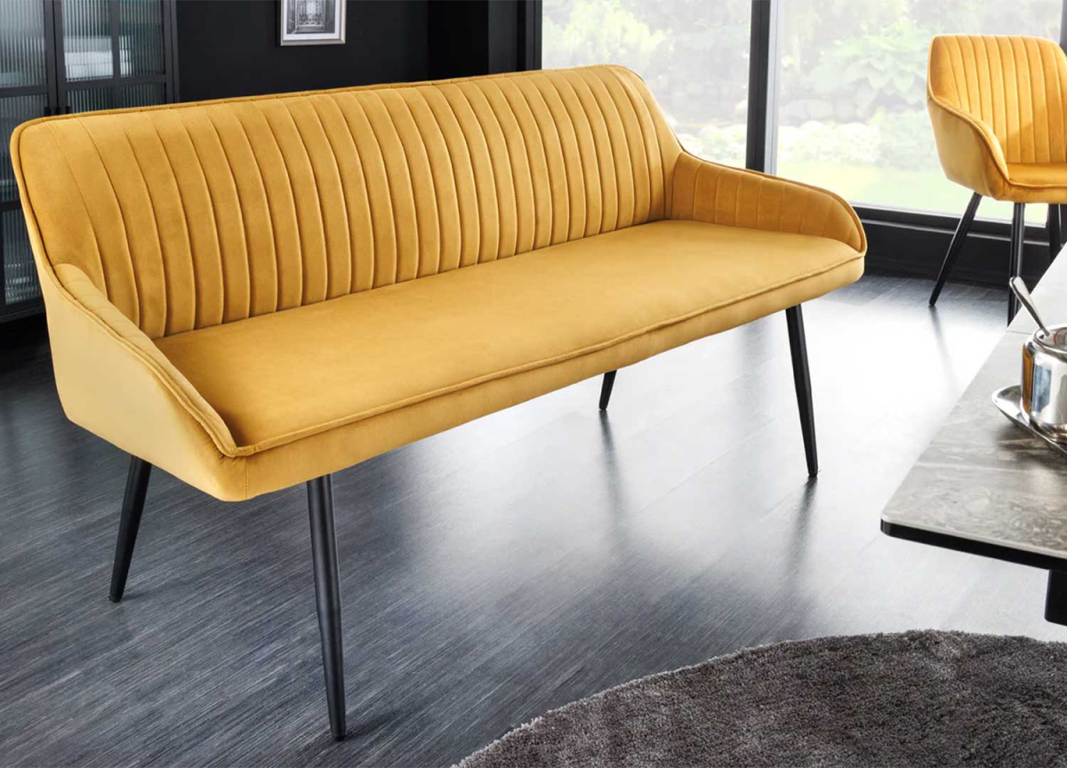 Banc 3 places velours jaune avec dossier et accoudoirs