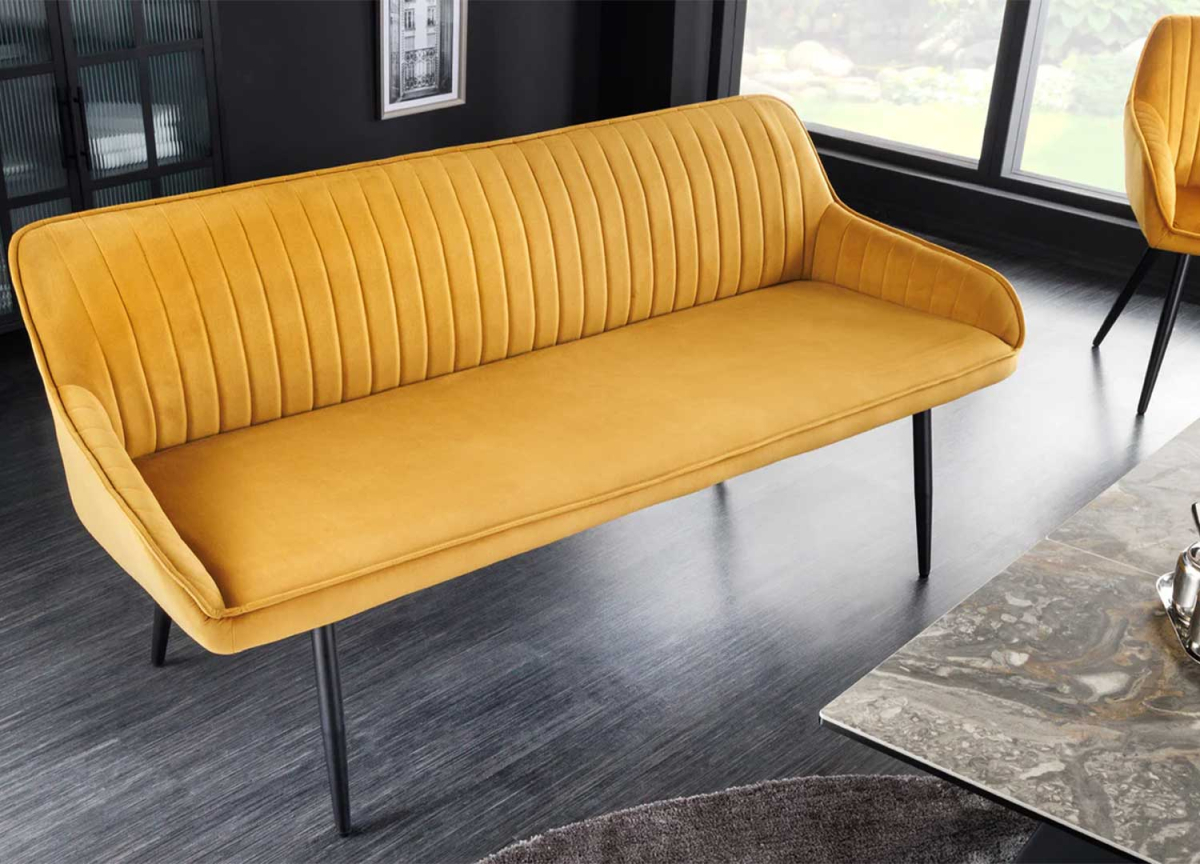 Banc avec dossier et accoudoirs confortable en velours jaune
