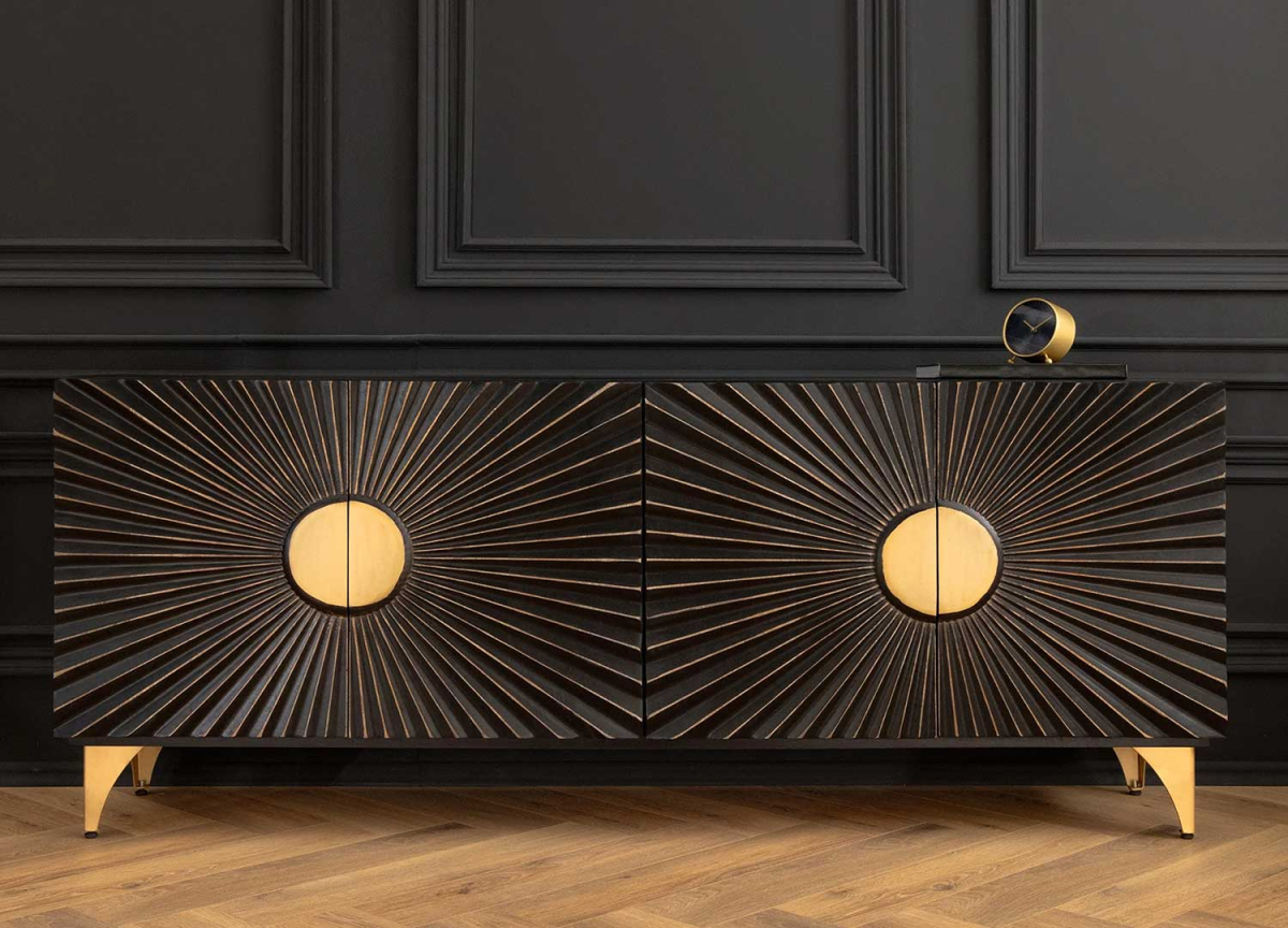 Meuble buffet 4 portes sculptées noires et doré