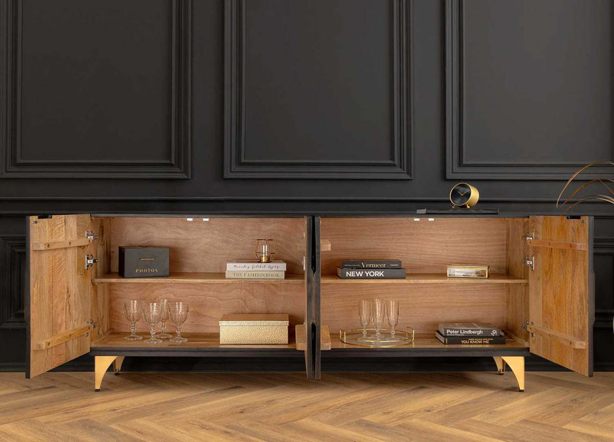 Buffet Bois de Manguier Noir et Doré - 4 portes