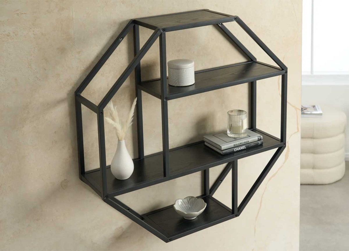 Étagère moderne hexagonale murale noire et bois foncé