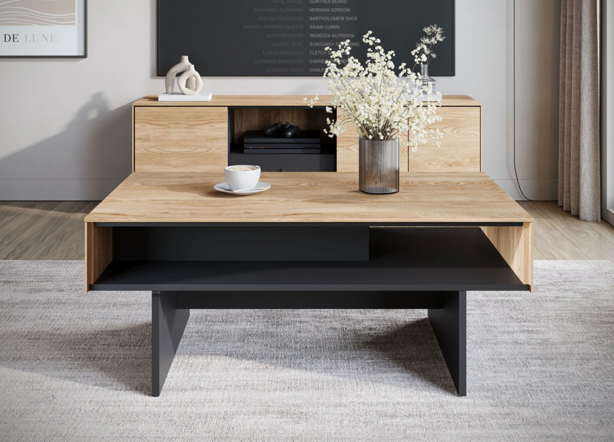 Table basse avec rangement couleur bois et noir
