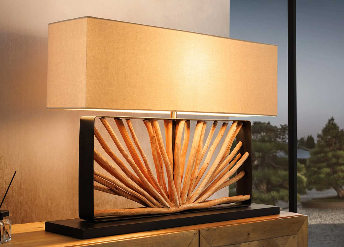 Luminaire de salon à poser en bois et lin naturel