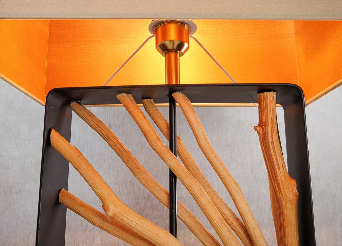 Lampadaire en Bois et Métal - Abat-jour en lin beige