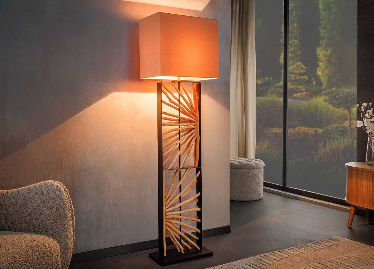Lampadaire sur pied moderne bois et lin beige