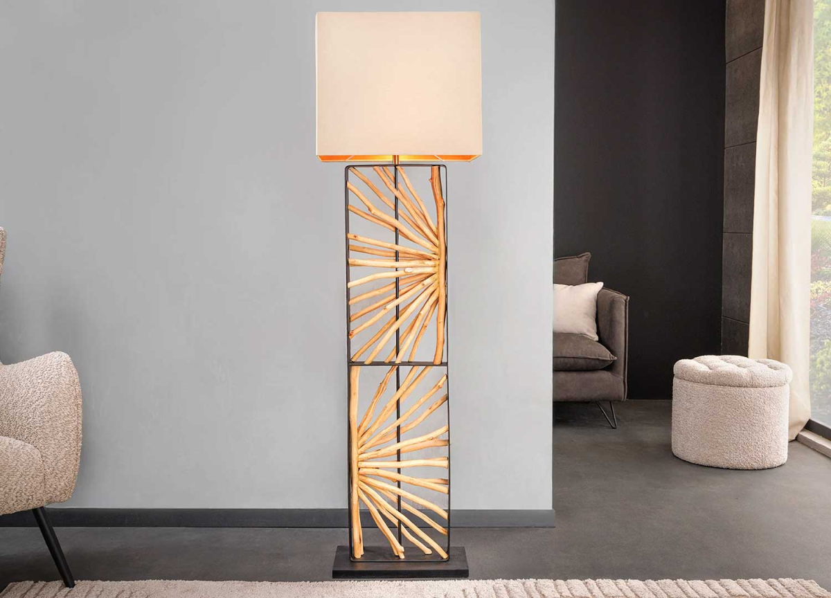 Lampadaire intérieur original en bois et lin beige
