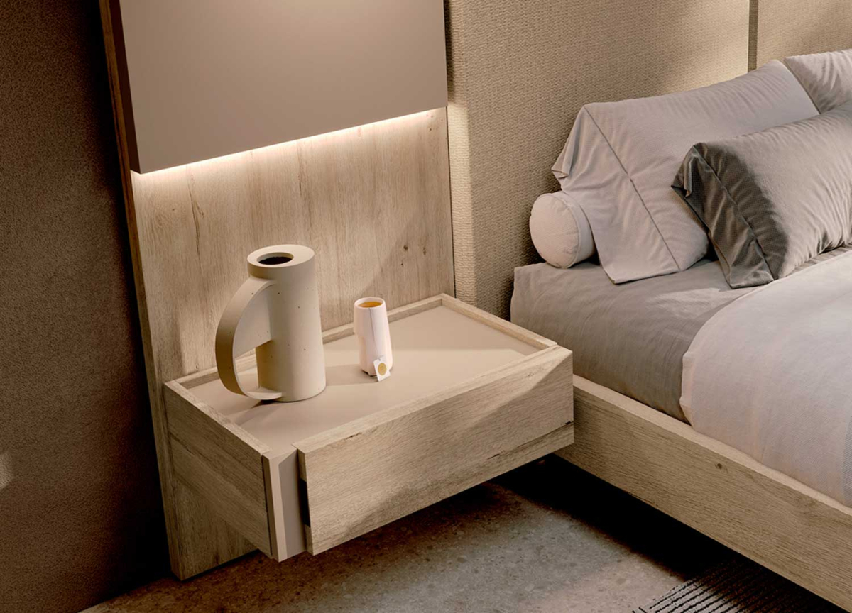 Lit Adulte - Chevets Suspendus, Tête de Lit Éclairée, tissu et bois