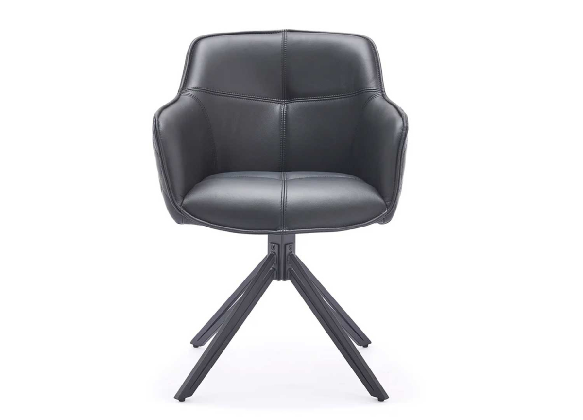 Fauteuil de table design en cuir véritable noir, piétement pivotant à 180°