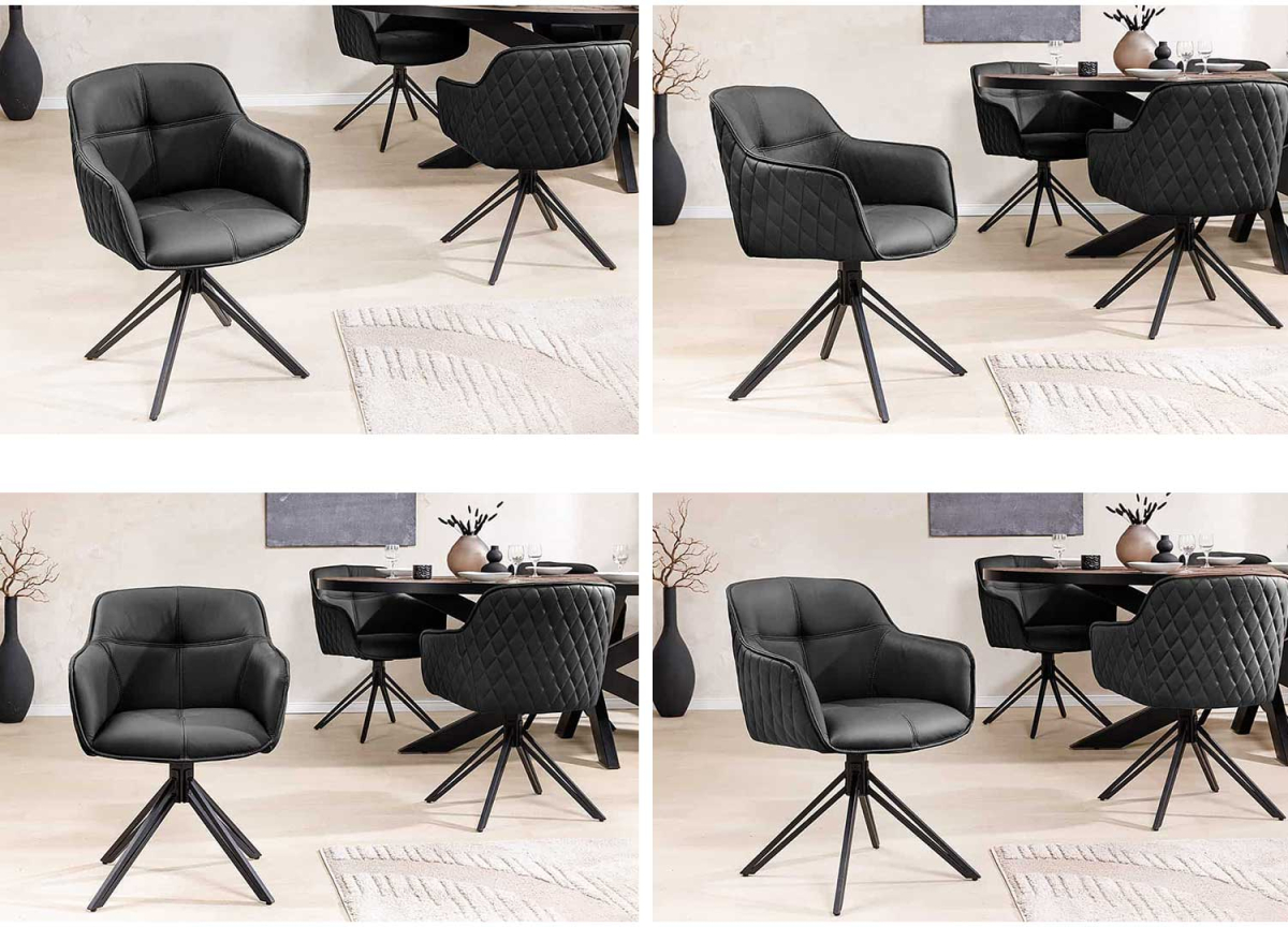 Chaise de table en cuir noire avec pied rotatif à 180° ET RETOUR AUTOMATIQUE