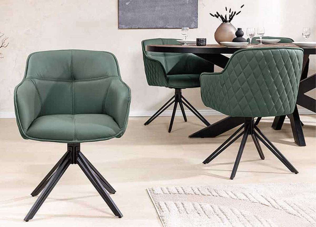 Chaise cuir véritable vert avec surpiqures design