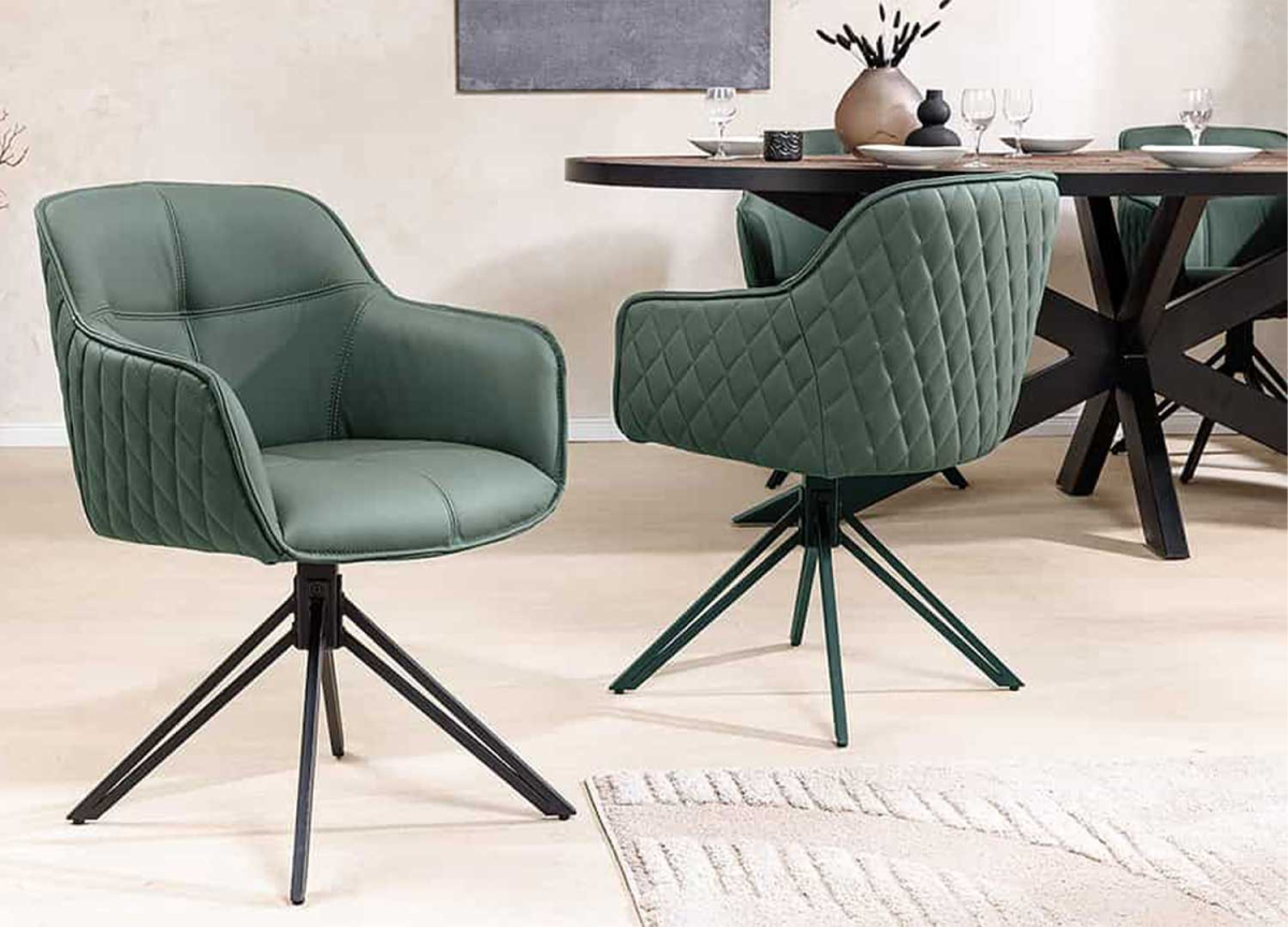 Fauteuil de table design en cuir véritable vert