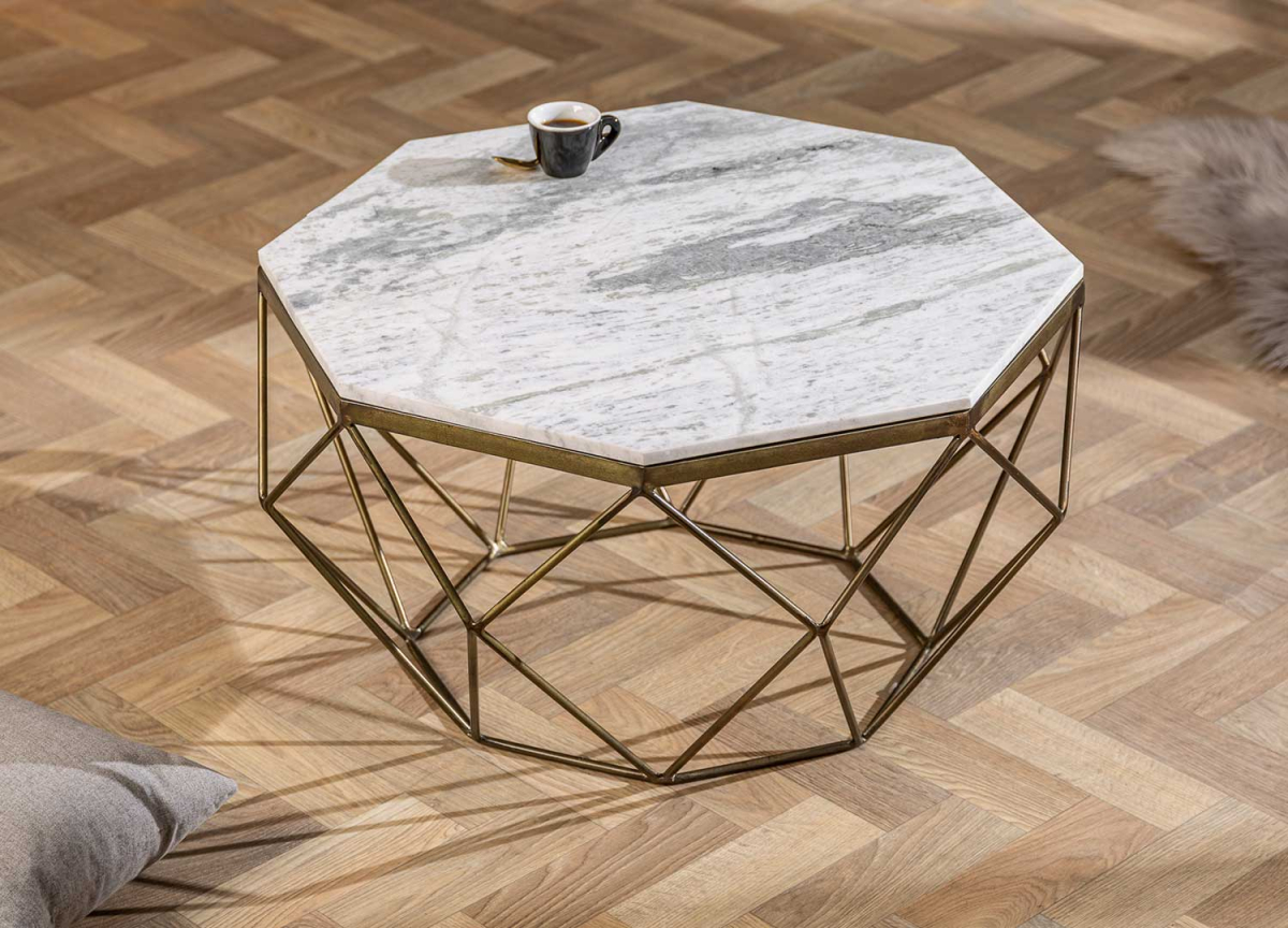 Table basse moderne en marbre blanc et métal doré