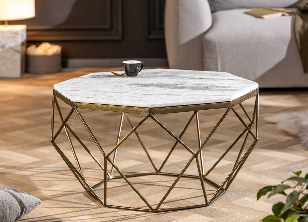 Table basse plateau en marbre blanc et pied en laiton doré