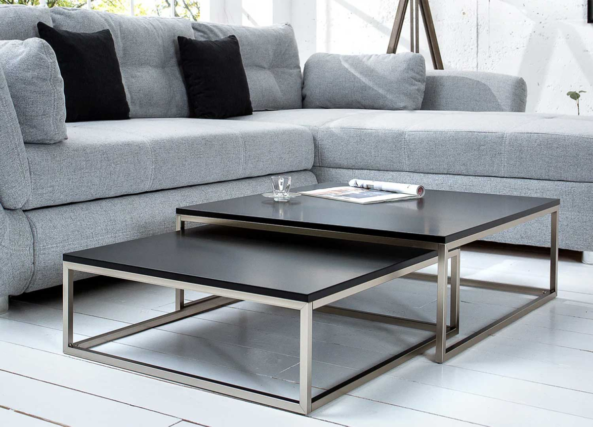 Table basse emboitable pas chère carrée noir et métal brossé