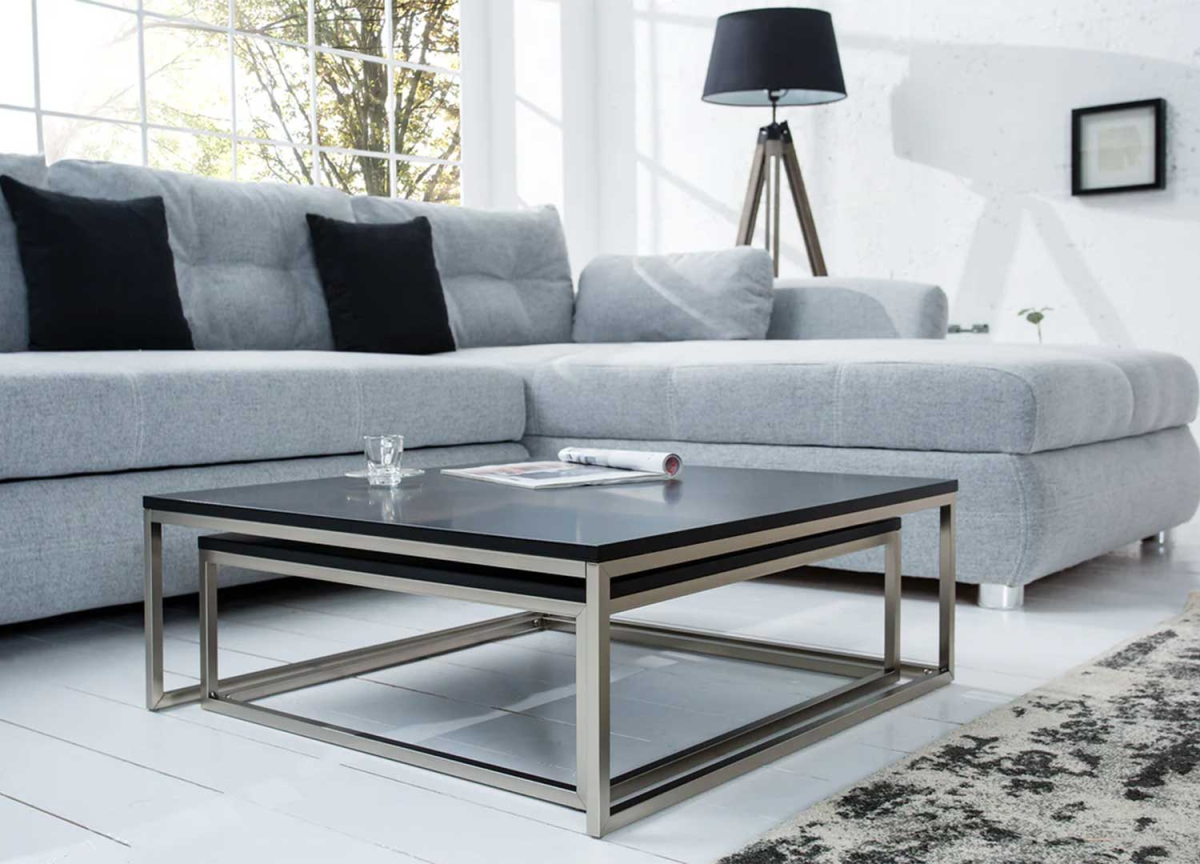 Table basse pas chère emboitable plateau noir mat et pied métal brossé