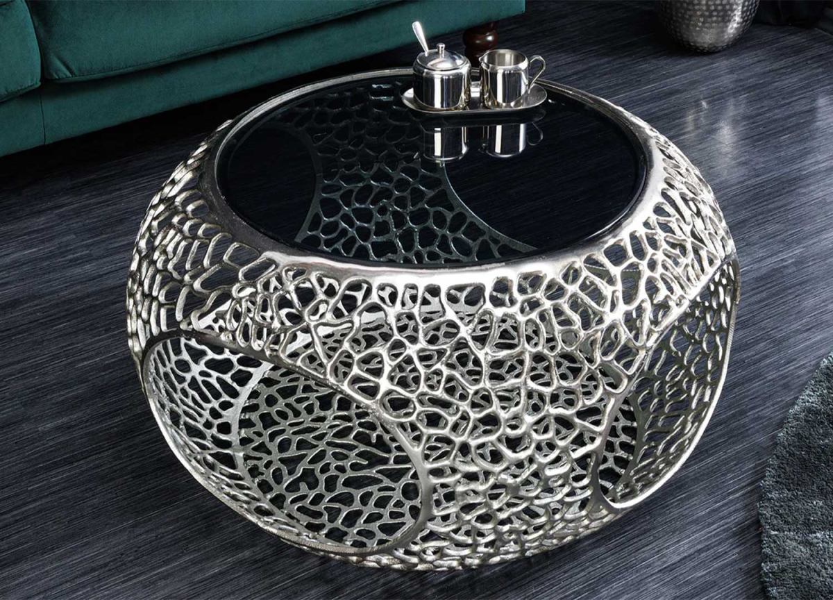 Table basse ronde en acier argenté et verre fumé noir