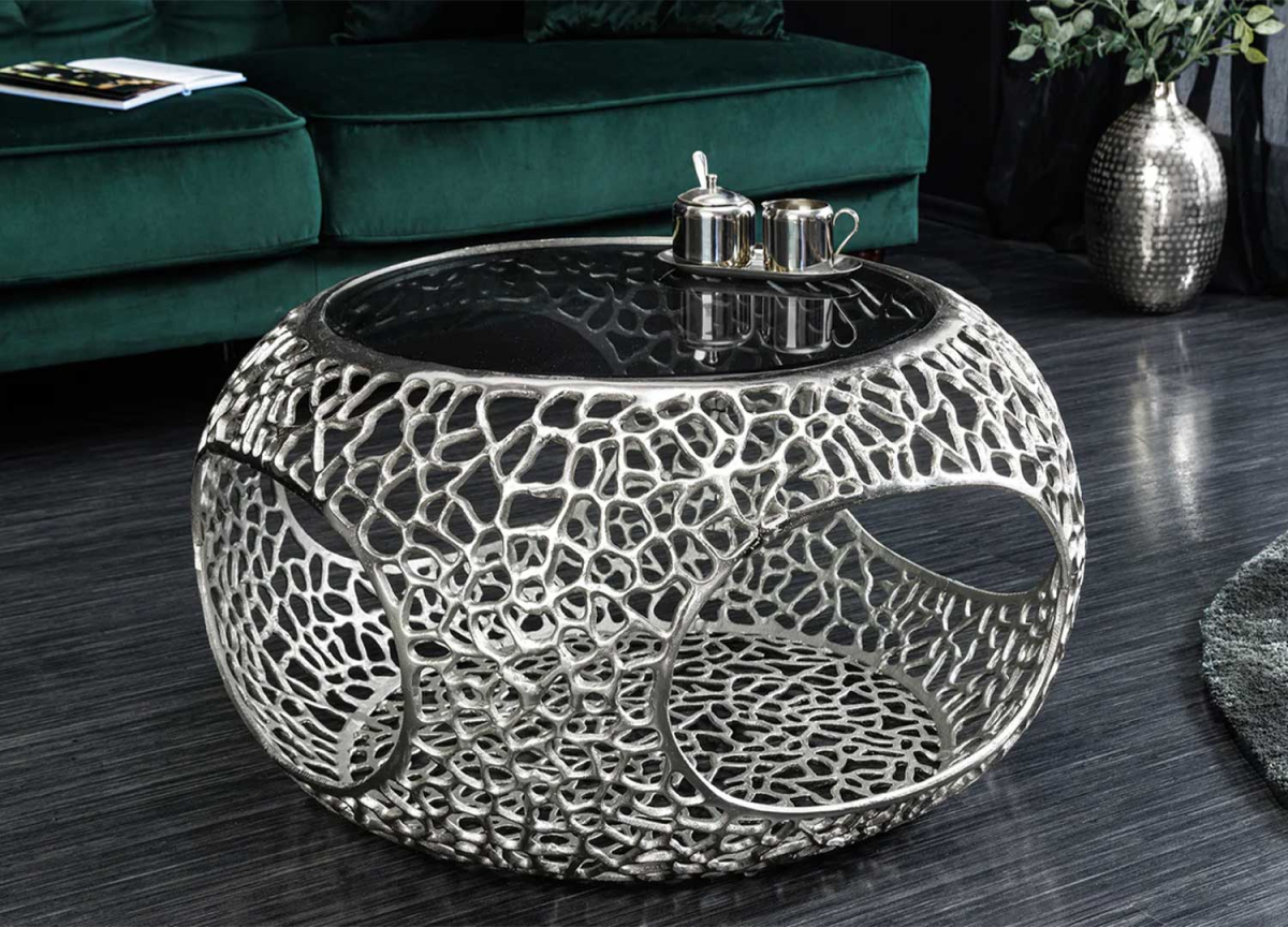 Table basse de salon ronde en verre noir fumé et piétement original argenté