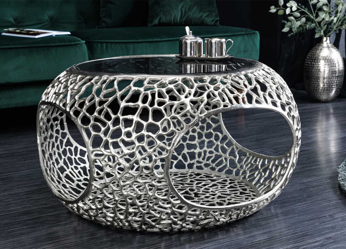 Table de salon moderne en verre fumé noir et piétement argenté