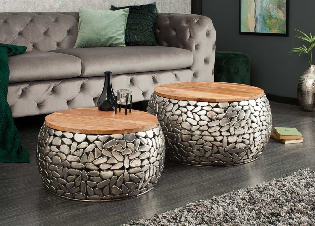 Lot de table basse design en bois massif de manguier et acier argenté vintage
