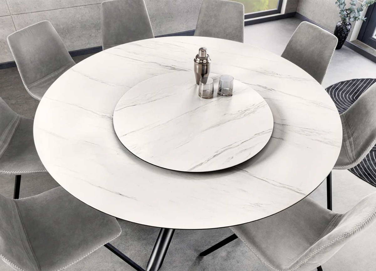 Table ronde 150 cm et plateau de service tournant et amovible en céramique marbre blanc