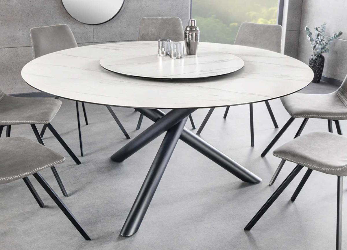 Table salle à manger ronde 150 cm avec plateau rotatif en céramique marbre blanc