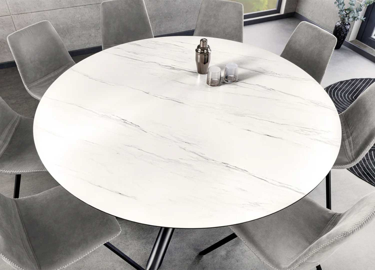 Table salle à manger ronde en céramique marbre blanc et pied mikado noir
