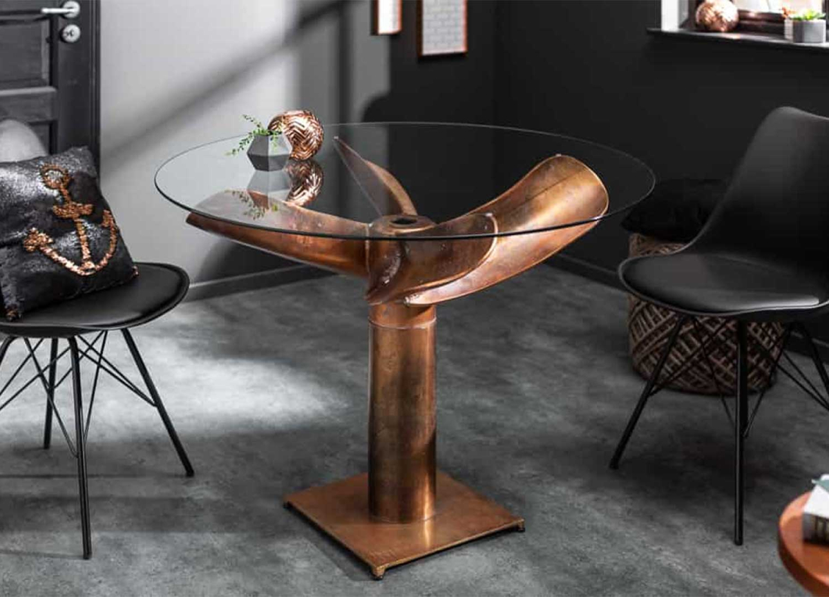 Table salle à manger verre rond pied hélice de bateau vintage cuivré