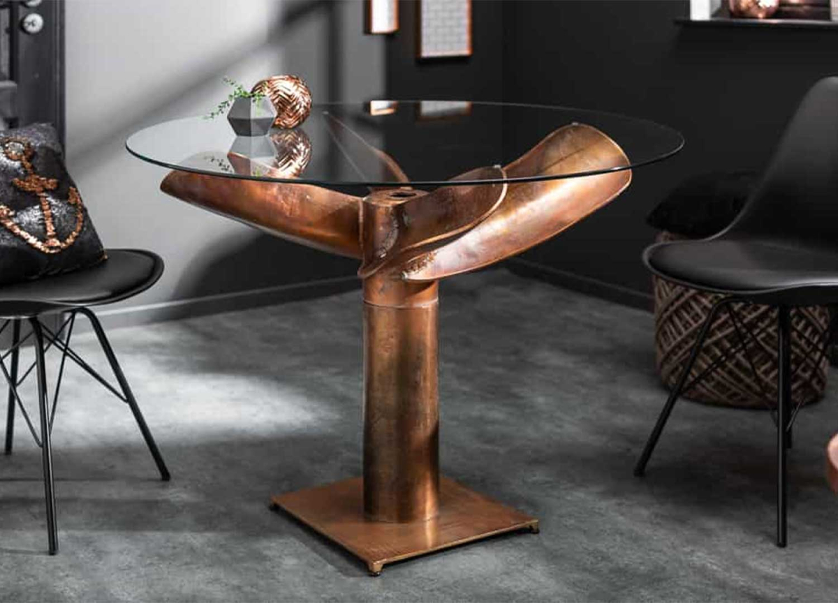Table salle à manger originale plateau verre 105 cm pied cuivre vintage