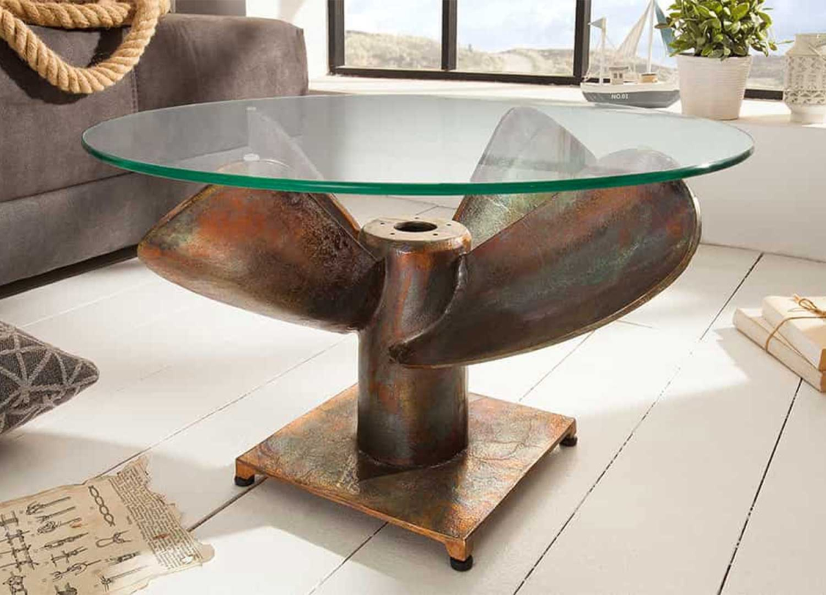 Table basse salon moderne pied original en métal cuivré et plateau en verre 70 cm