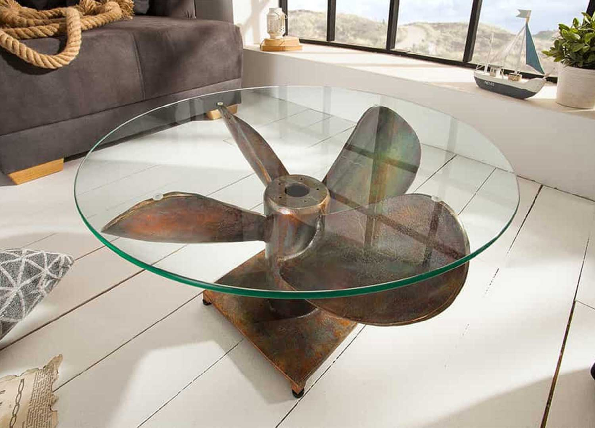 Table basse de salon design piétement hélice de bateau et plateau en verre rond 70 cm