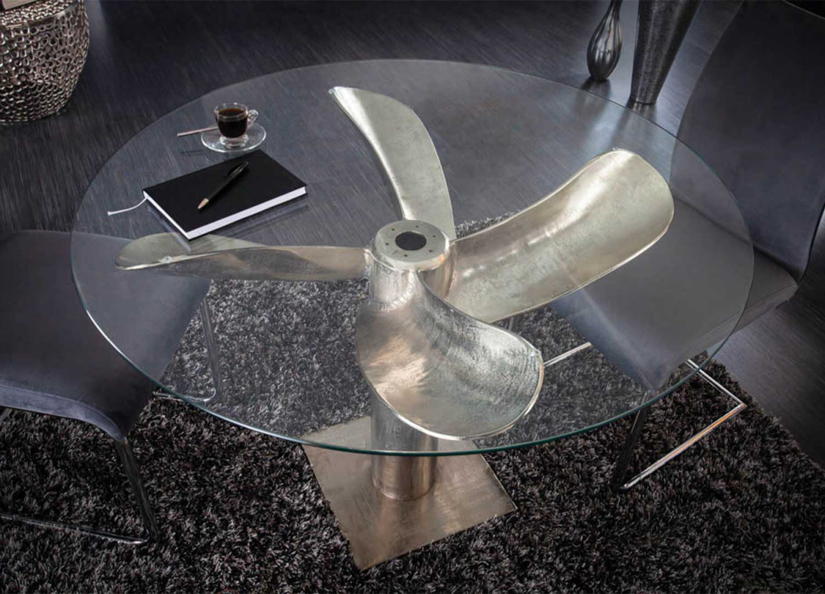 Table hélice de bateau argenté vintage plateau rond en verre 105 cm