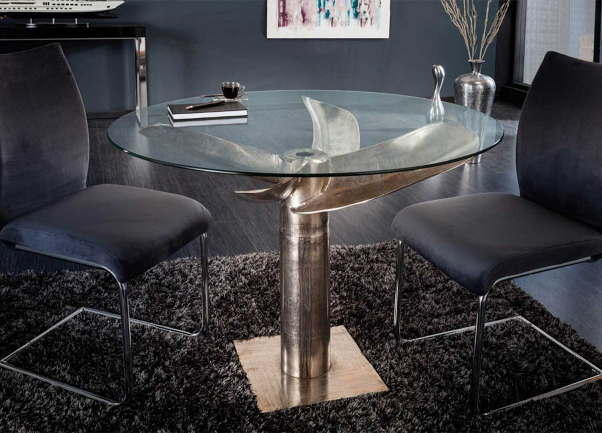 Table ronde salle à manger 105 cm pied original hélice de navire argenté