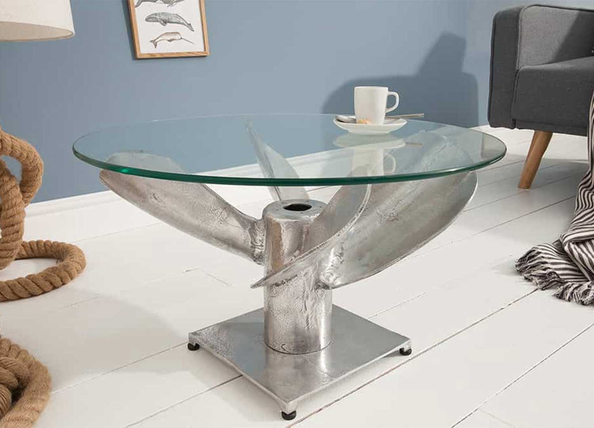 Table basse salon moderne ronde plateau rond en verre 70 cm pied hélice argenté vintage