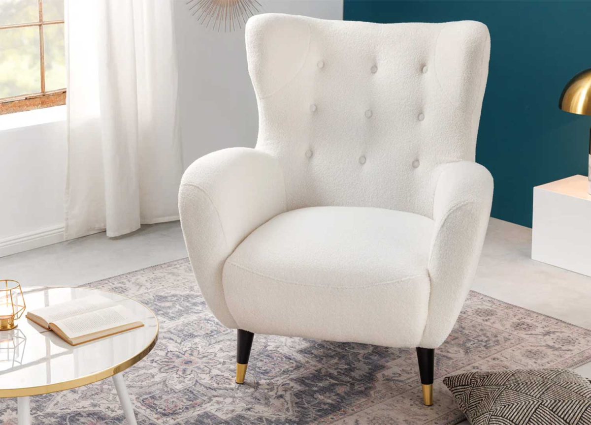 Fauteuil moderne à oreilles tissu peluché blanc confortable