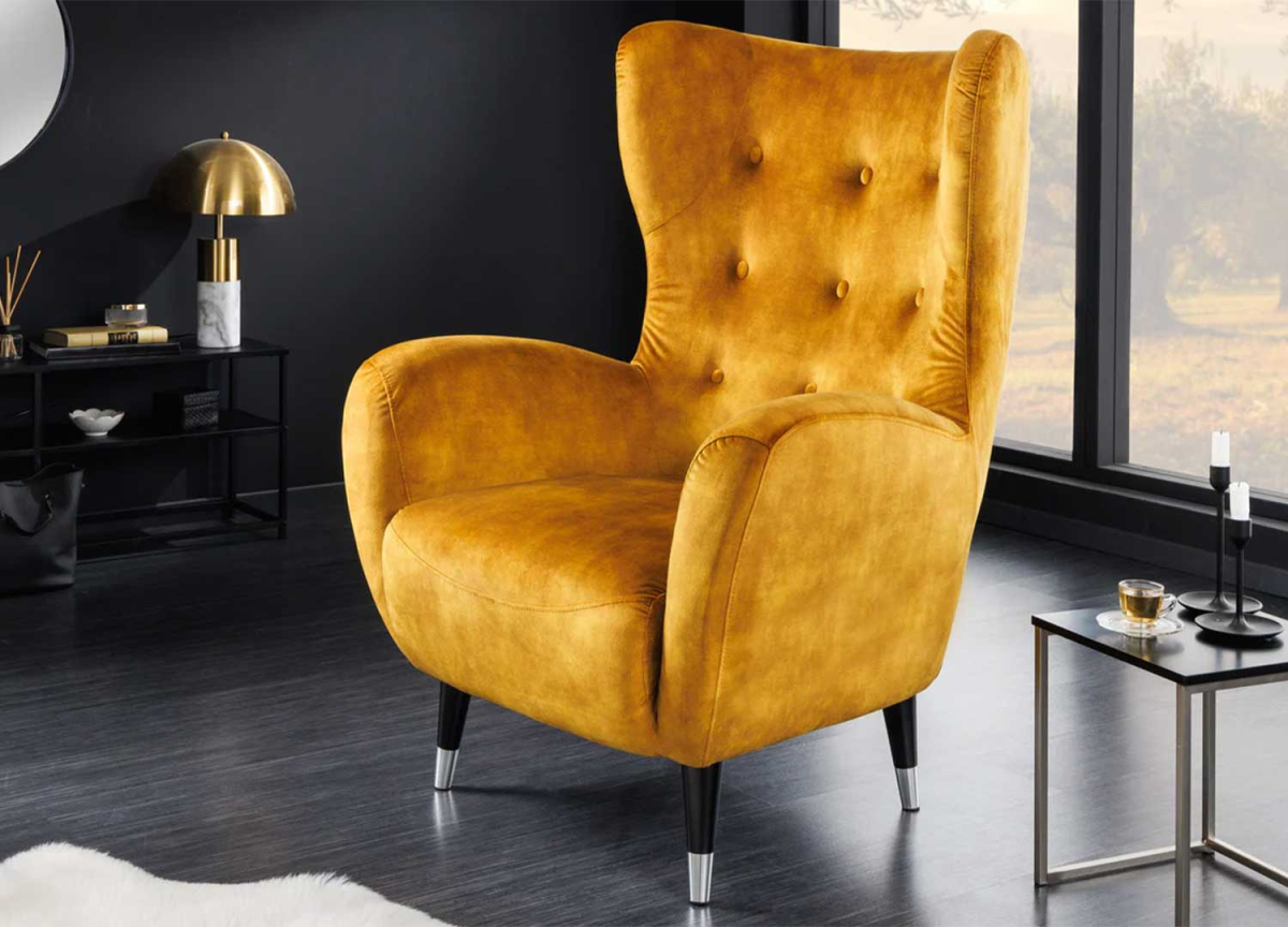 Fauteuil style anglais a oreilles velours jaune moutarde