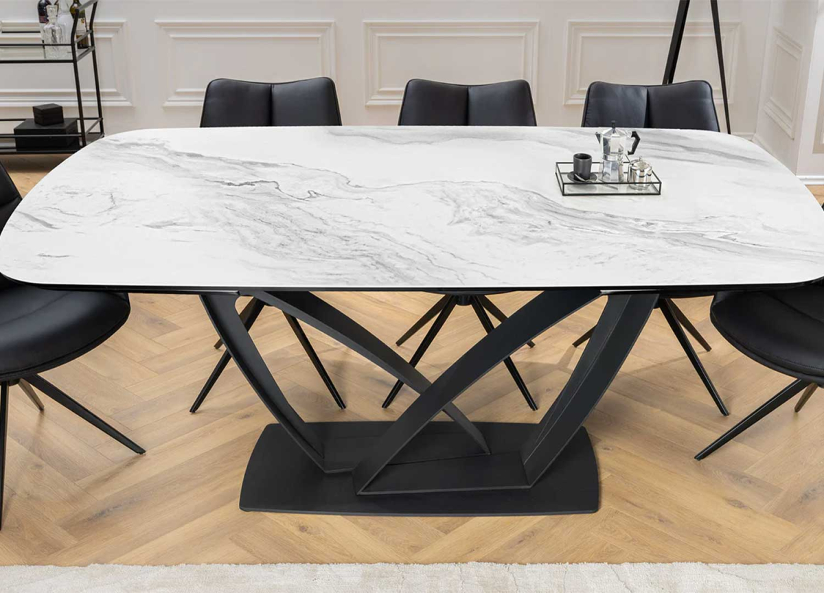 Table plateau céramique marbre blanc avec rallonge